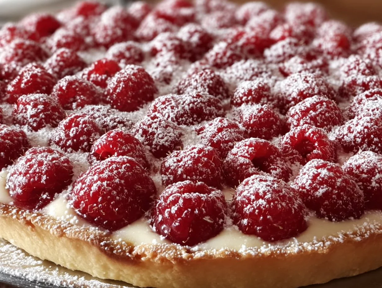 Slice of White Chocolate Raspberry Cream Pie topped with raspberries