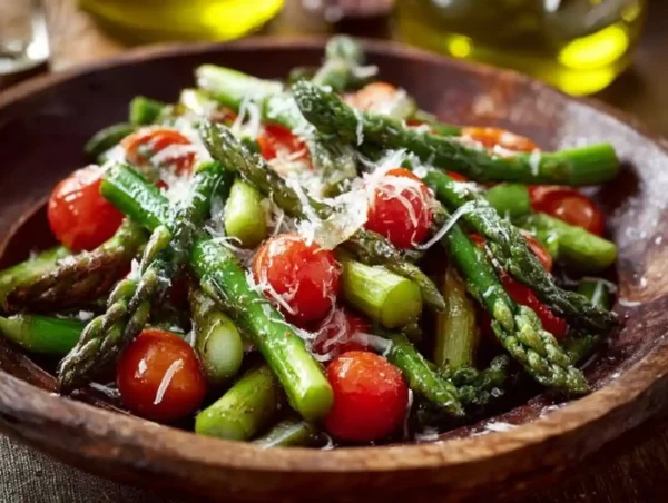 Fresh aLow Carb Asparagus Salad with vibrant vegetables and dressing