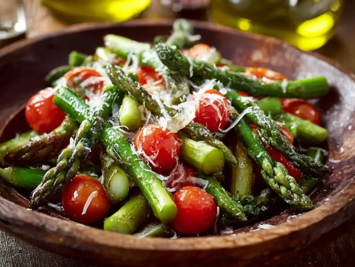 Fresh aLow Carb Asparagus Salad with vibrant vegetables and dressing