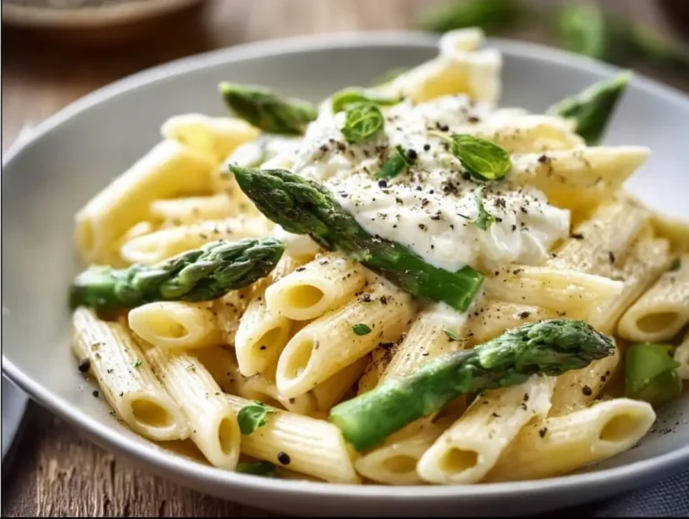 Penne with Ricotta and Asparagus dish served in a bowl