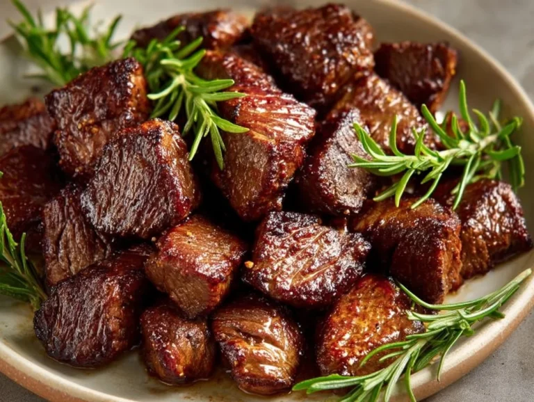 Crispy air fryer steak bites served on a plate with dipping sauce