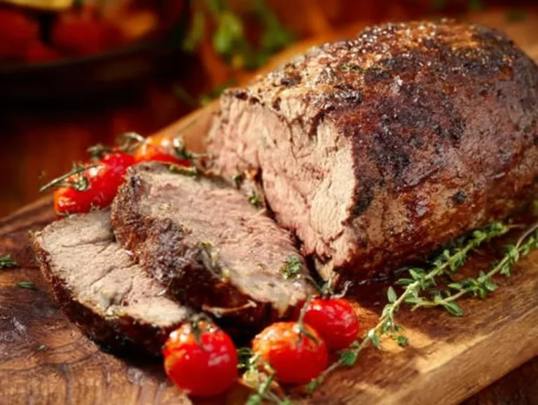 Juicy Air Fryer Top Round Roast ready to serve with herbs and spices.