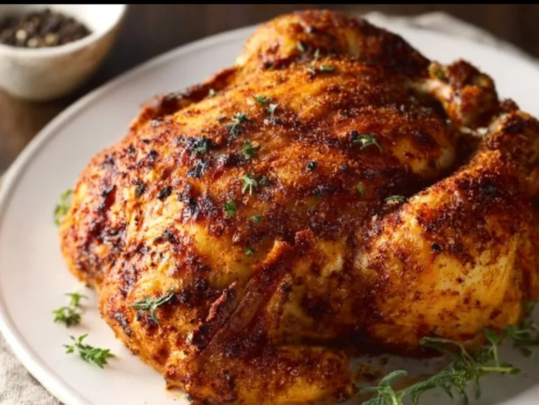 Air fryer whole roast chicken recipe with crispy skin and juicy meat