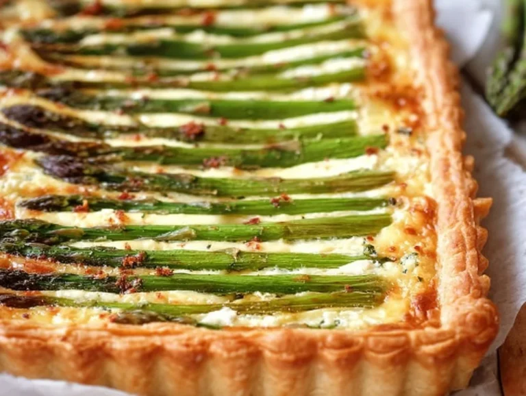 Asparagus Gruyere Tart ready to serve, showcasing fresh asparagus and melted gruyere cheese.