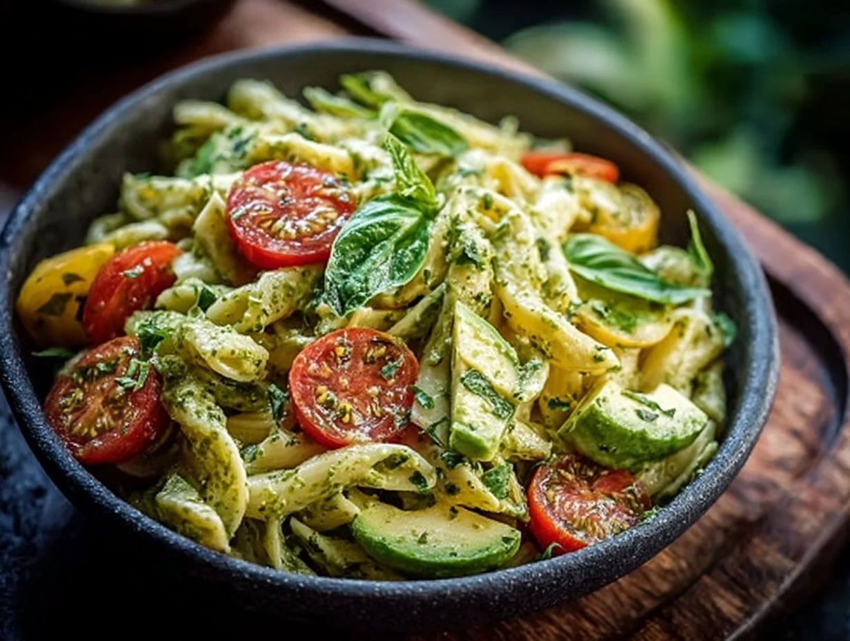 Avocado Pesto Pasta Salad with fresh ingredients and colorful presentation