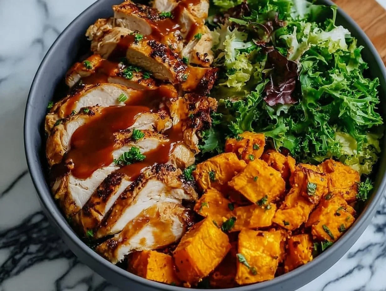 BBQ chicken served in a sweet potato bowl with colorful veggies