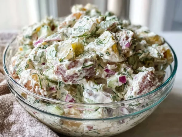 Crispy smashed potato salad with herbs and spices in a bowl.