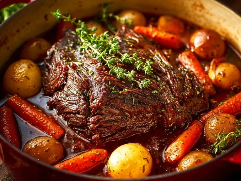 Delicious Dutch Oven Pot Roast served with vegetables on a rustic table.