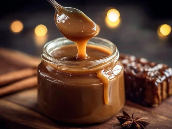 Biscoff cookie butter coffee syrup in a jar with a spoon