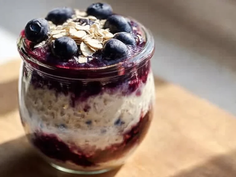 Bowl of blueberry overnight oats topped with fresh blueberries and almonds