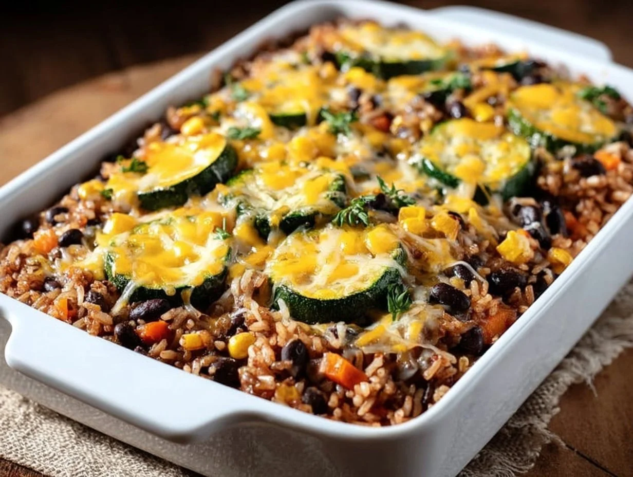 Delicious brown rice and black bean casserole fresh from the oven