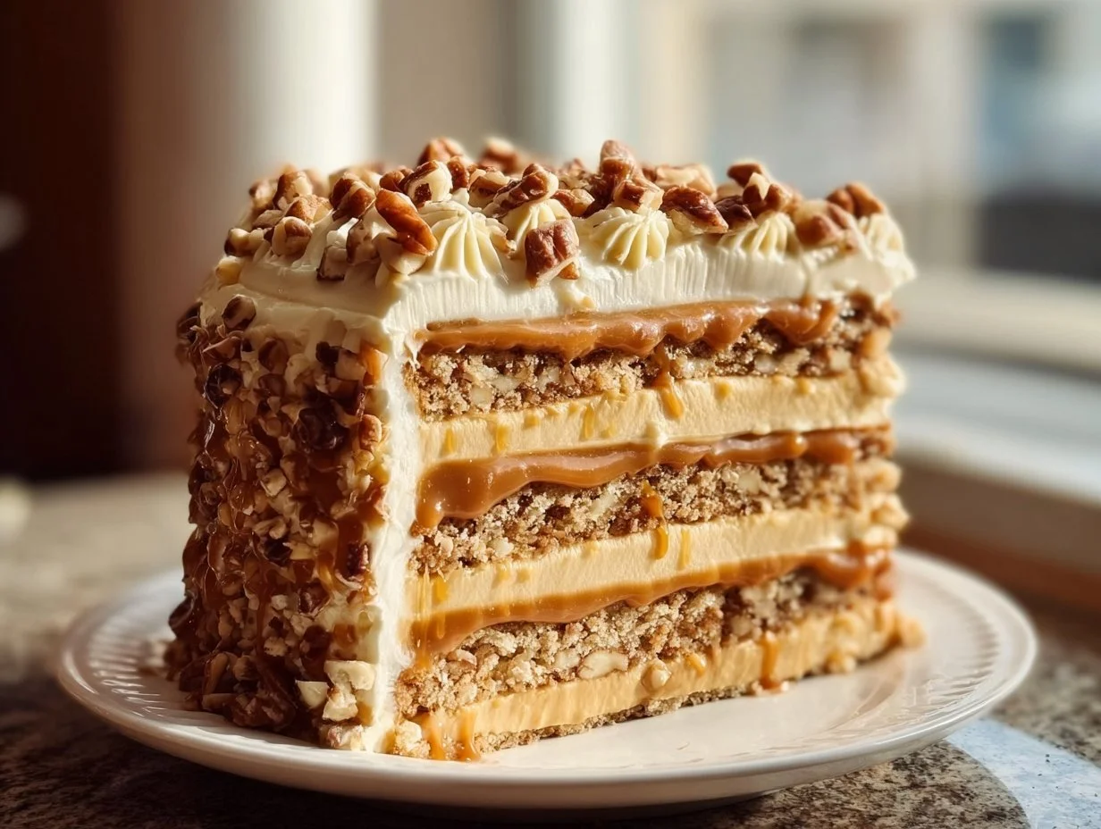 Delicious Caramel Crunch Cake with a crunchy topping and rich caramel drizzle