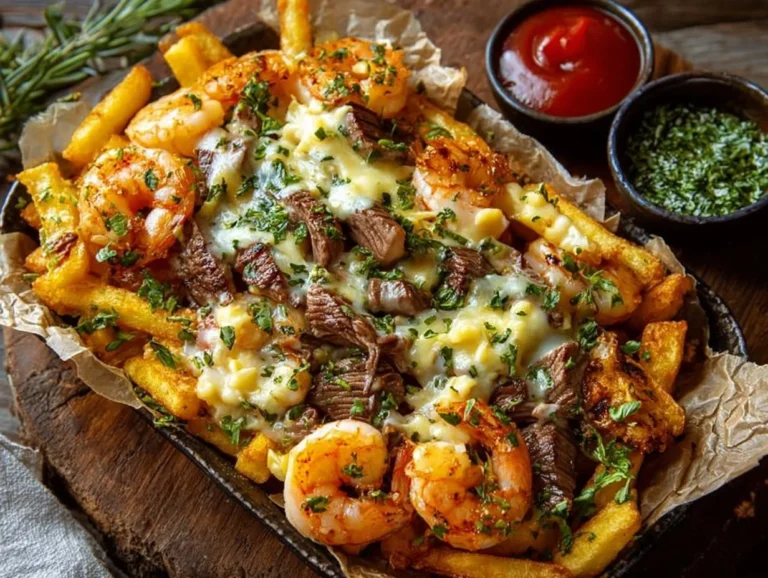 Cheesy steak and shrimp fries topped with melted cheese and fresh herbs.