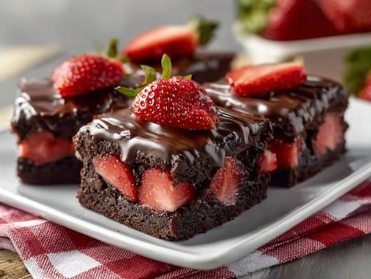 Delicious chocolate covered strawberry brownies on a plate.