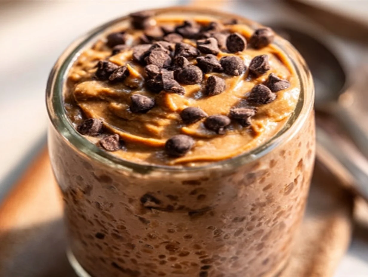 Delicious Chocolate Peanut Butter Overnight Oats in a bowl