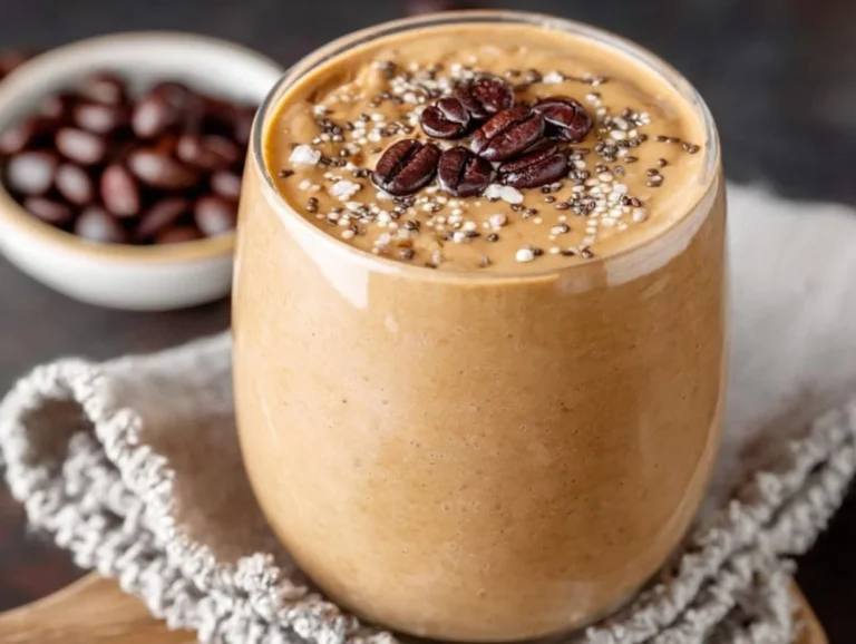 Creamy coffee smoothie with chocolate and whipped cream topping.