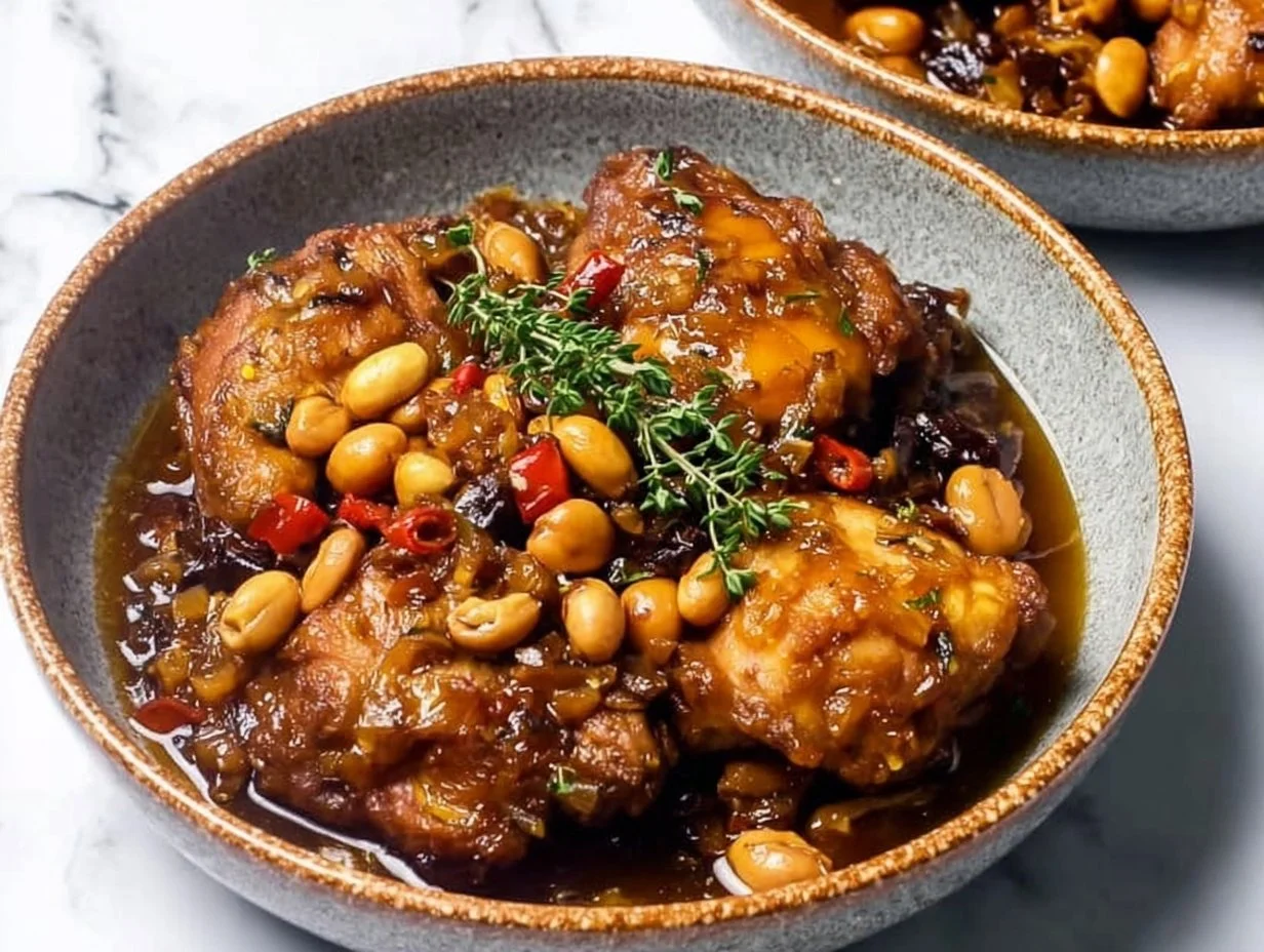 Delicious Crockpot Chicken with Peanuts served with rice and vegetables.