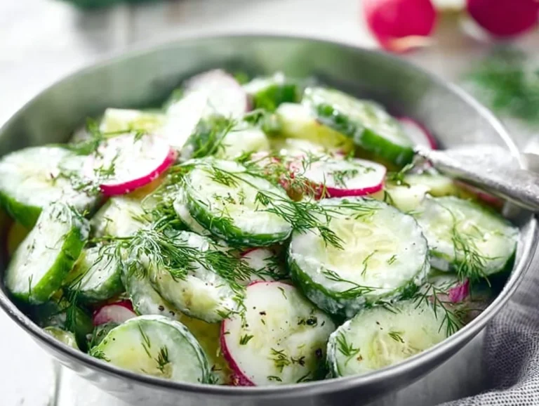 A vibrant Cucumber Dill Salad with fresh ingredients and herbs.
