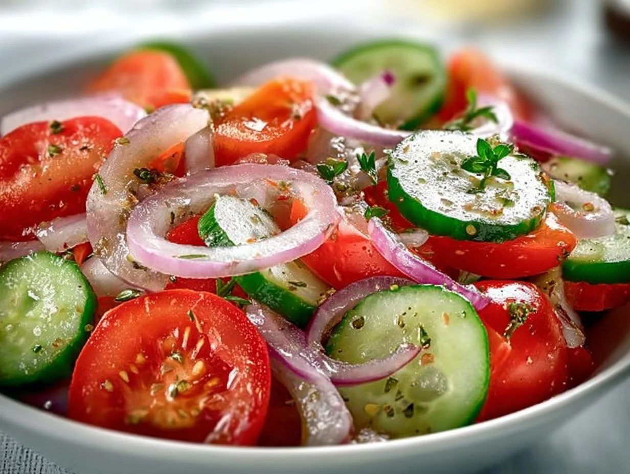 Cucumber, onion, and tomato salad in a bowl, fresh and healthy