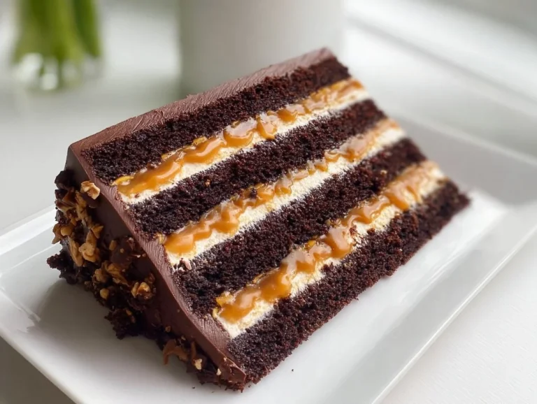 Decadent Snickers-inspired cake with layers of chocolate, caramel, and peanuts
