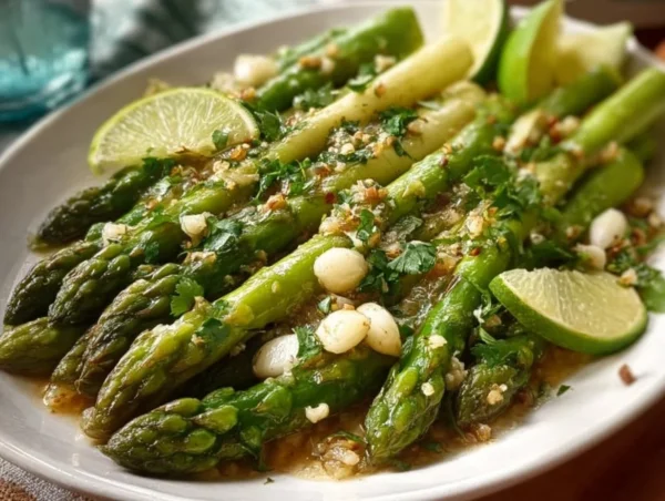 Deliciously sautéed asparagus served on a plate with seasoning.