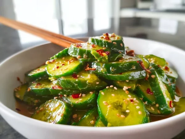 Bowl of Easy Asian Cucumber Salad with sesame and herbs