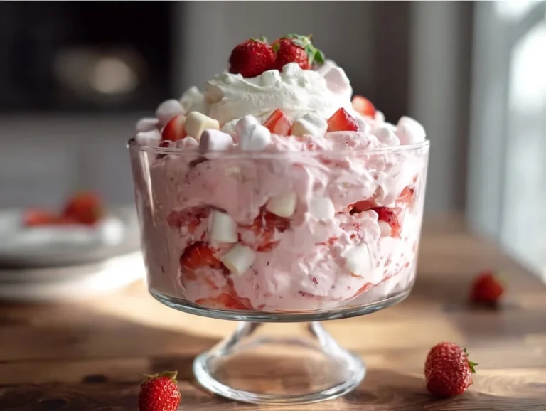 Delicious and easy strawberry fluff dessert in a bowl