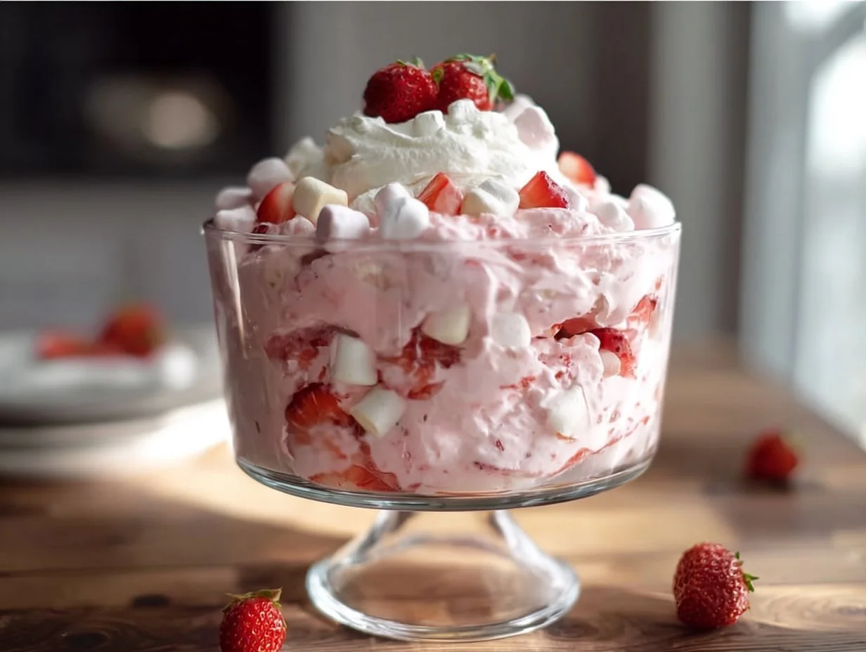 Delicious and easy strawberry fluff dessert in a bowl