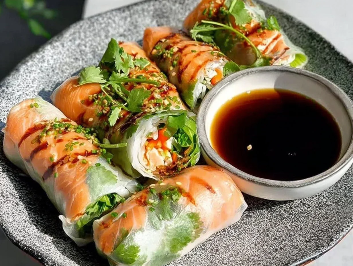 Fresh salmon spring rolls with colorful vegetables and herbs