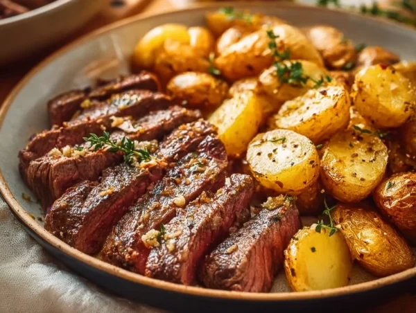 Delicious Garlic Butter Steak served with roasted potatoes