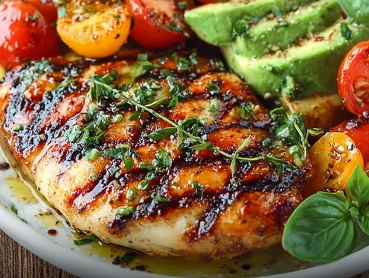 Grilled chicken served with avocado and cherry tomatoes on a plate