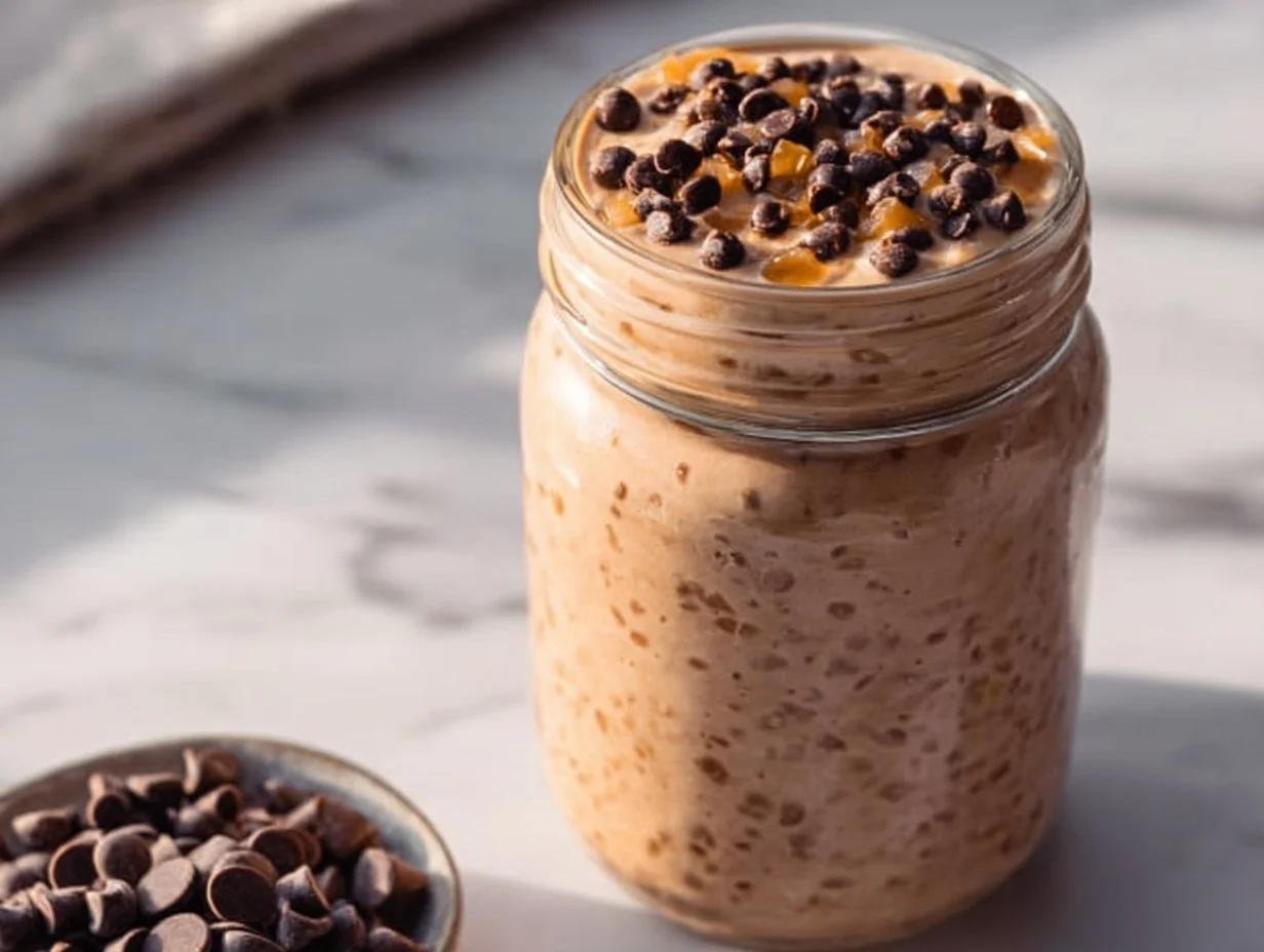Bowl of high protein chocolate overnight oats topped with berries and nuts