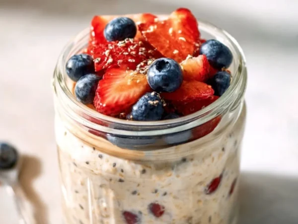 High protein cottage cheese overnight oats topped with fresh fruit