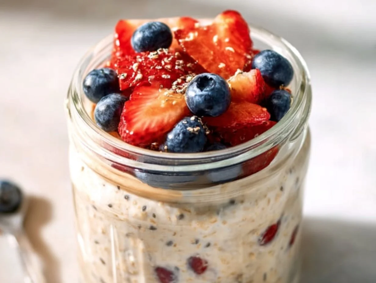 High protein cottage cheese overnight oats topped with fresh fruit