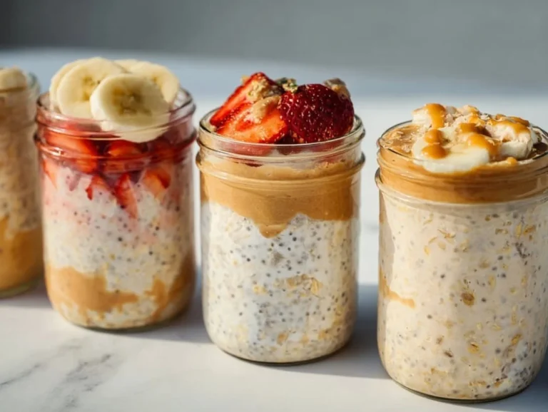 Healthy high-protein overnight oats in a jar topped with fruits and nuts.