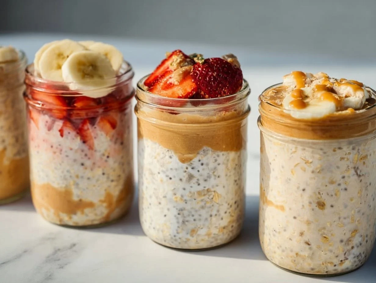 Healthy high-protein overnight oats in a jar topped with fruits and nuts.
