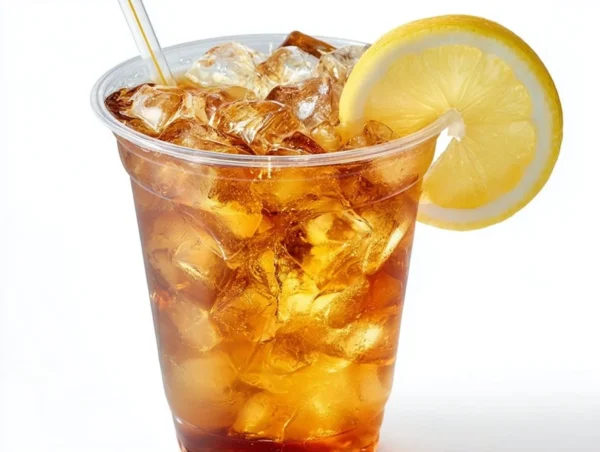 Iced lemon tea in a plastic takeaway glass isolated on white background