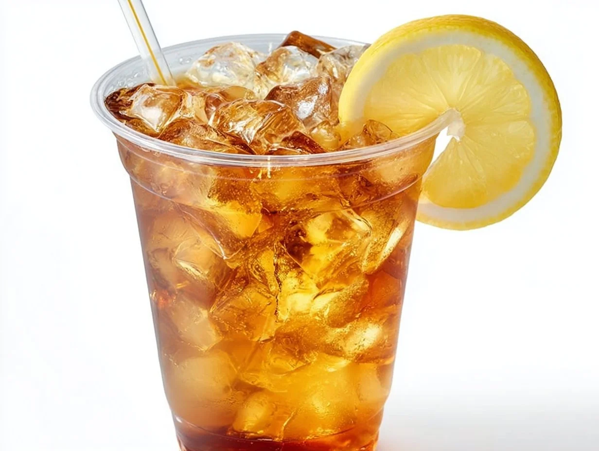 Iced lemon tea in a plastic takeaway glass isolated on white background