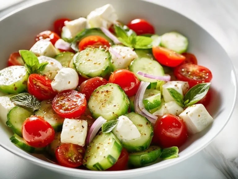 Juicy Cucumber Caprese Salad with fresh mozzarella, tomatoes, and basil