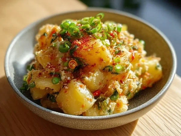 Korean-Style Potato Salad: A Creamy Delight for Everyone Korean-style potato salad featuring creamy potatoes and colorful vegetables.