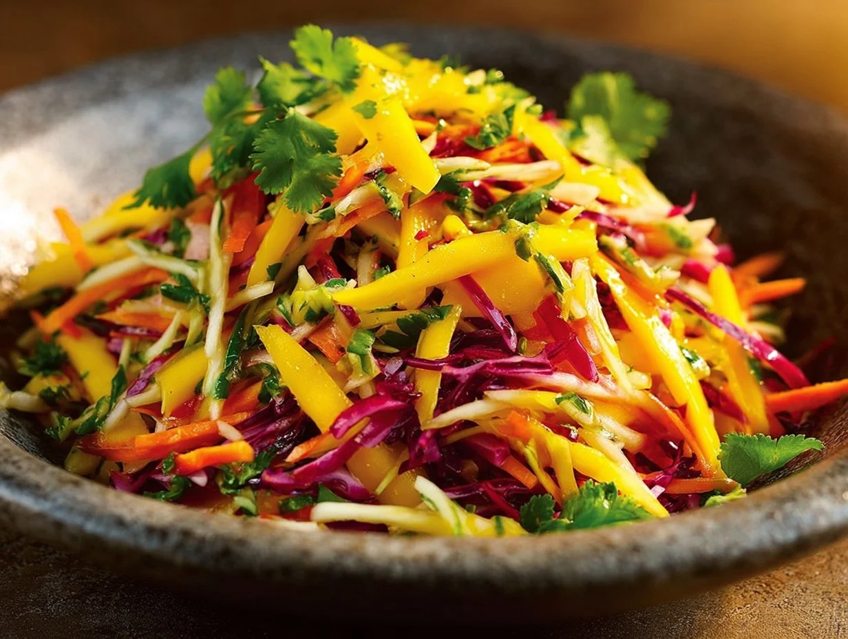 Mango Slaw: A Refreshing Taste of Summer Colorful mango slaw with fresh vegetables in a bowl