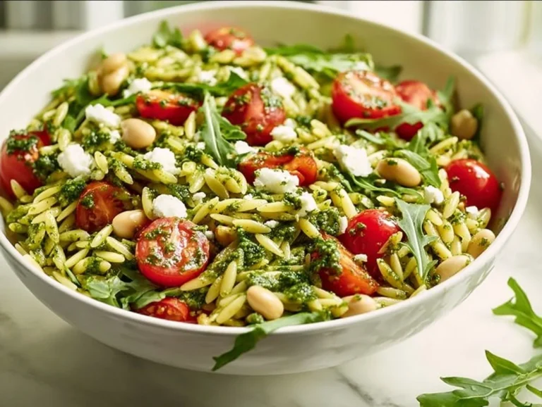 Delicious Mediterranean Pesto Orzo Salad with fresh vegetables and herbs