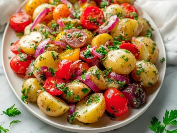 Mediterranean Potato Salad: A Fresh and Flavorful Twist Mediterranean potato salad with fresh herbs and veggies on a plate