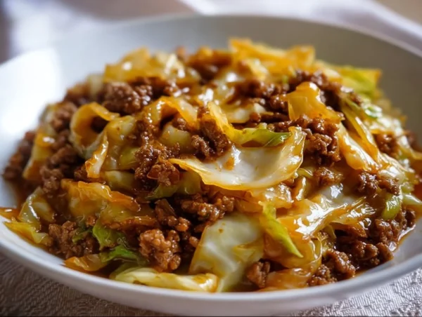Dish of Mongolian Ground Beef served over cabbage for a healthy meal.