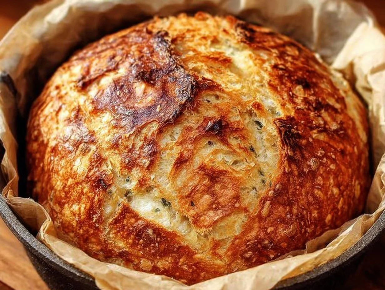No-Knead Cheddar Bread fresh out of the oven, golden and cheesy.