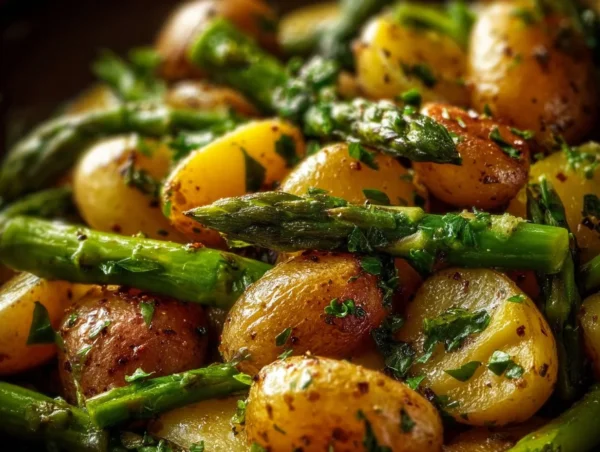 One-pan garlic potatoes and asparagus ready to serve.