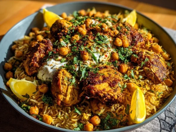 One pot shawarma chicken and rice dish, a flavorful and convenient meal idea.