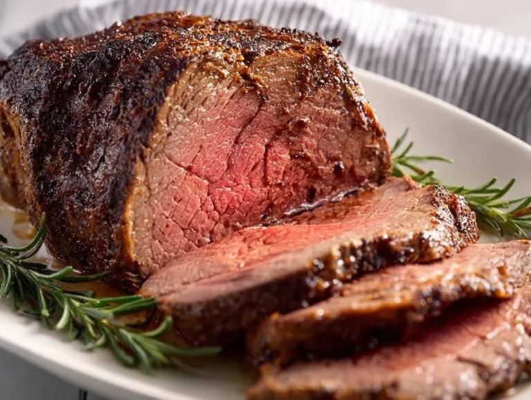 Juicy oven roasted top round roast beef ready to serve