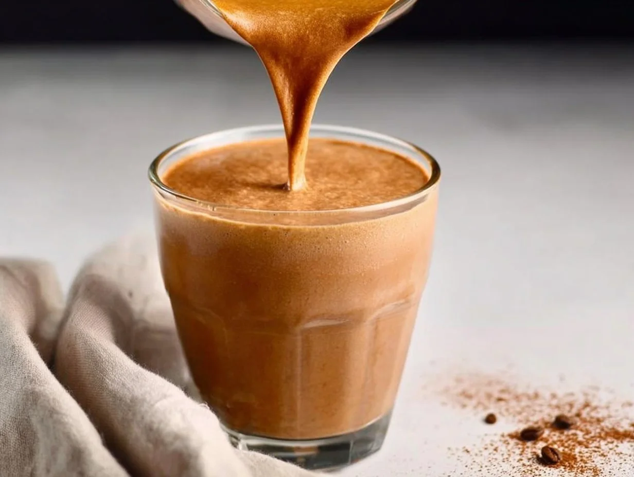 Photo of a creamy Peanut Butter Coffee Smoothie in a glass with coffee beans and peanuts.