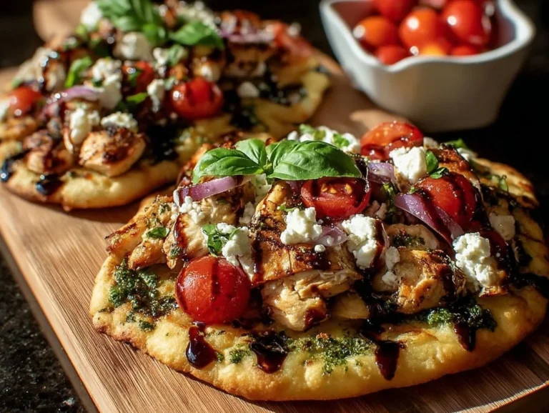 Pesto Chicken Flatbread with fresh basil and cheese on a wooden board